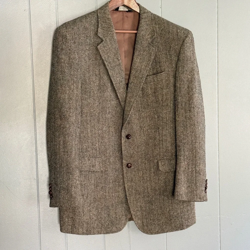 JOS ABANK Harris Tweed Blazer 44L Herringbone Wool Sport Brown Coat Horn Buttons